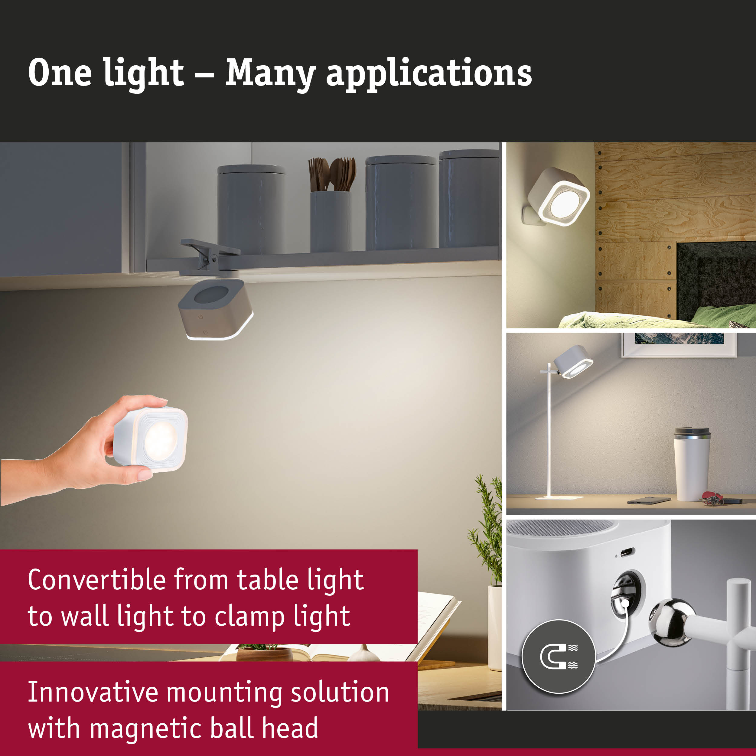 White LED light with magnetic ball head for versatile mounting as table, wall, or clamp lamp