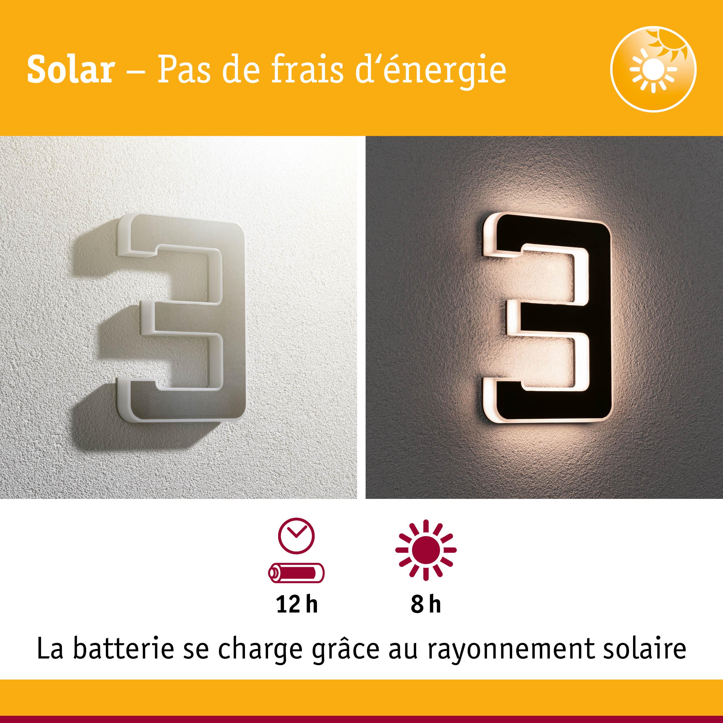 Chiffre 3 solaire en plastique blanc avec éclairage LED, panneau numéro extérieur économique en énergie