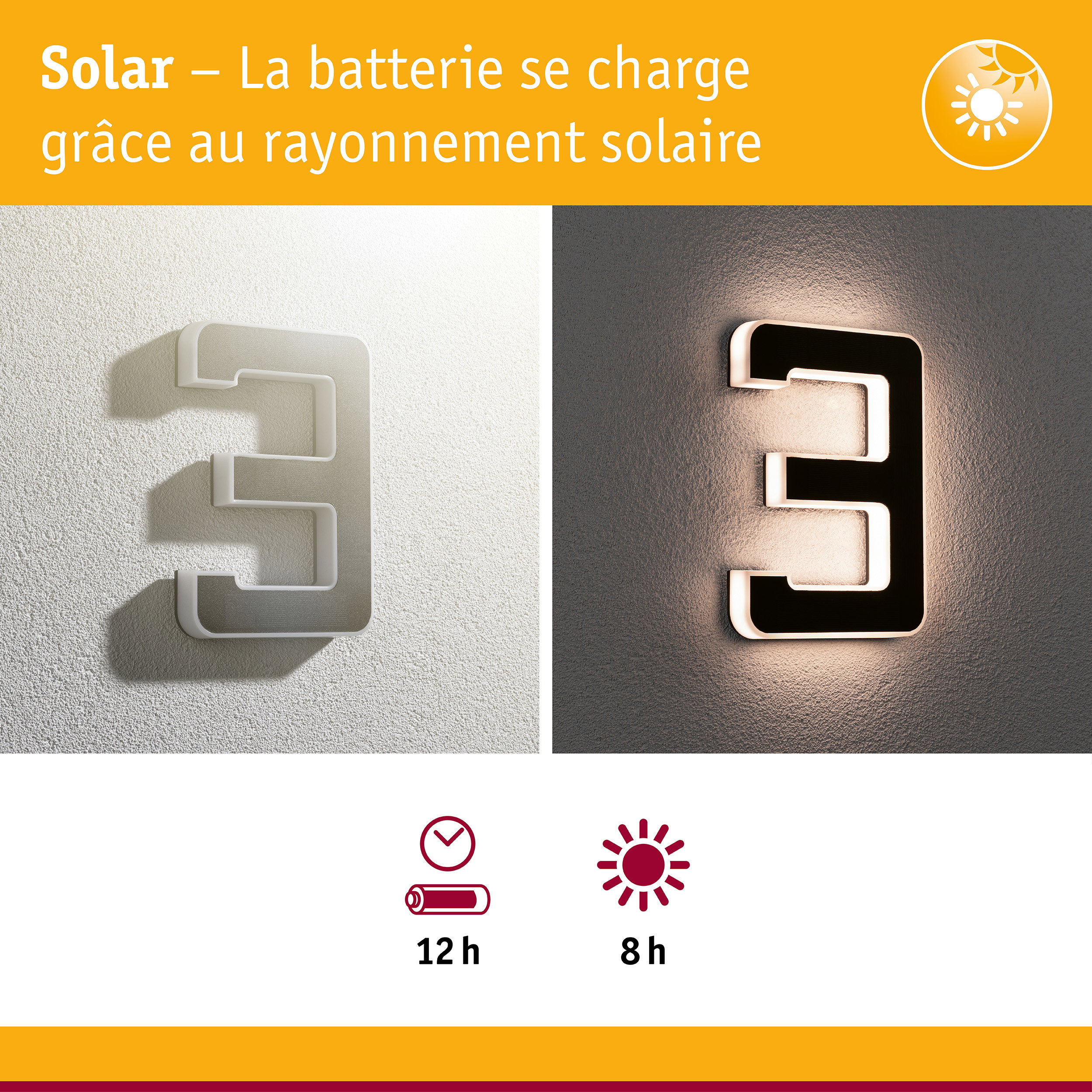 Applique murale solaire blanche et noire avec autonomie de 12 heures et charge solaire de 8 heures