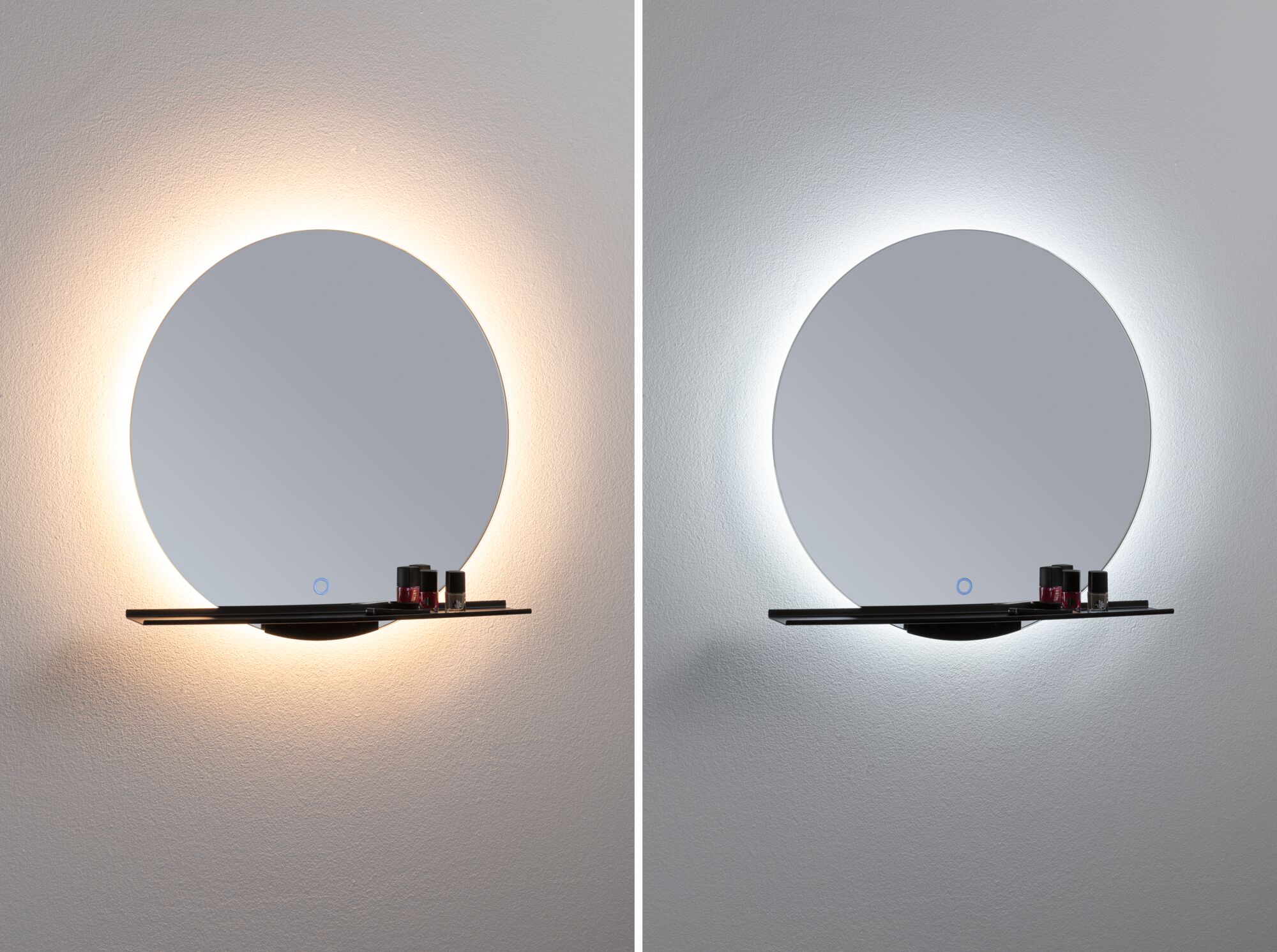 Runder Wandspiegel mit schwarzem Ablagebrett und warmweißem sowie kaltweißem LED-Hintergrundlicht