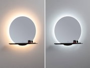 Miroir mural rond avec étagère noire et éclairage LED blanc chaud et blanc froid pour salle de bain