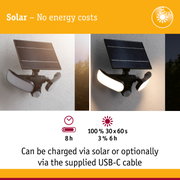 Solar-powered outdoor light with black solar panel and white LED for energy-efficient lighting