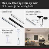 Modulair URail railsysteem met rails, voeding, spots en pendels voor flexibele verlichtingsoplossingen