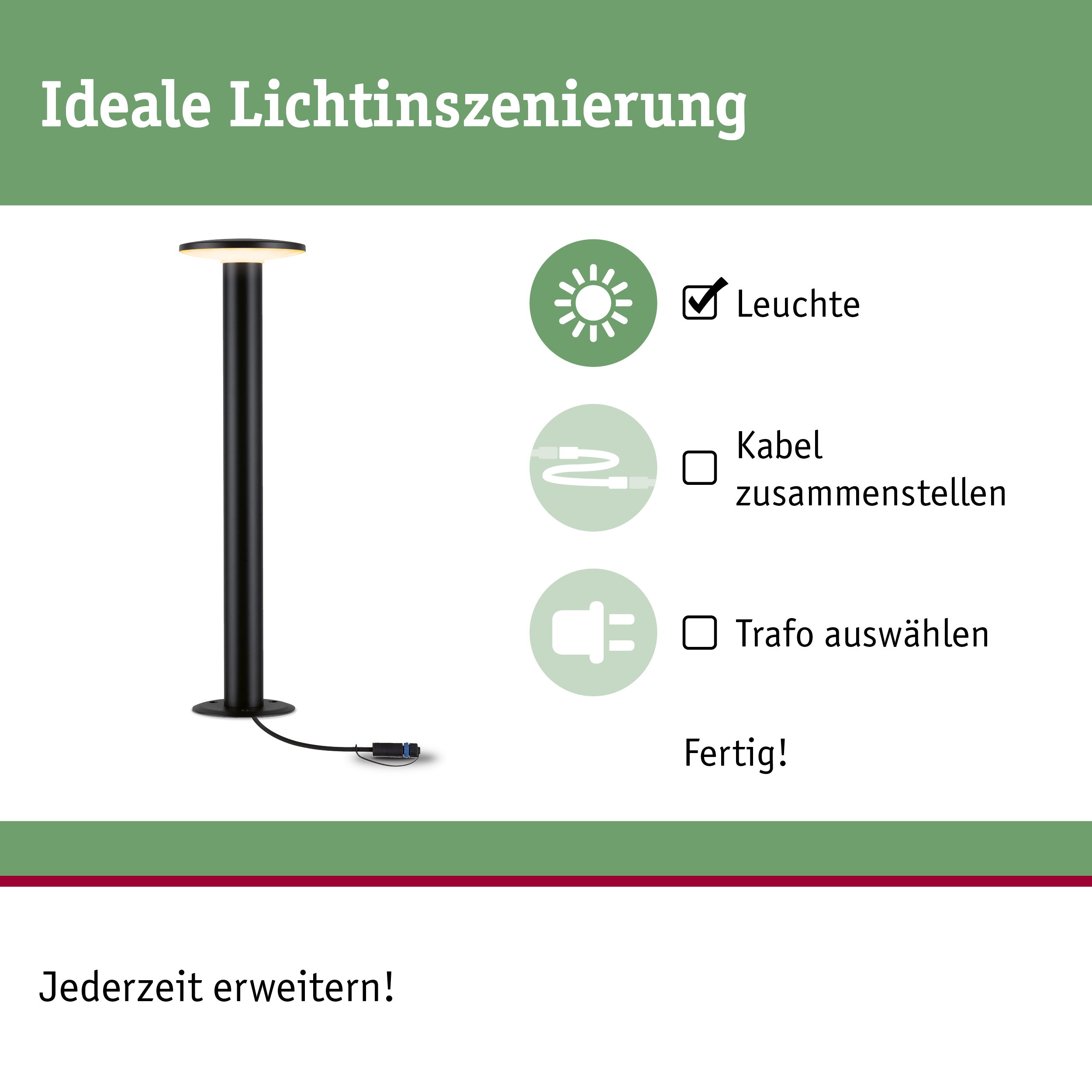 Schwarze LED-Außenleuchte mit rundem Leuchtkopf und Kabelanschluss für Gartenbeleuchtung