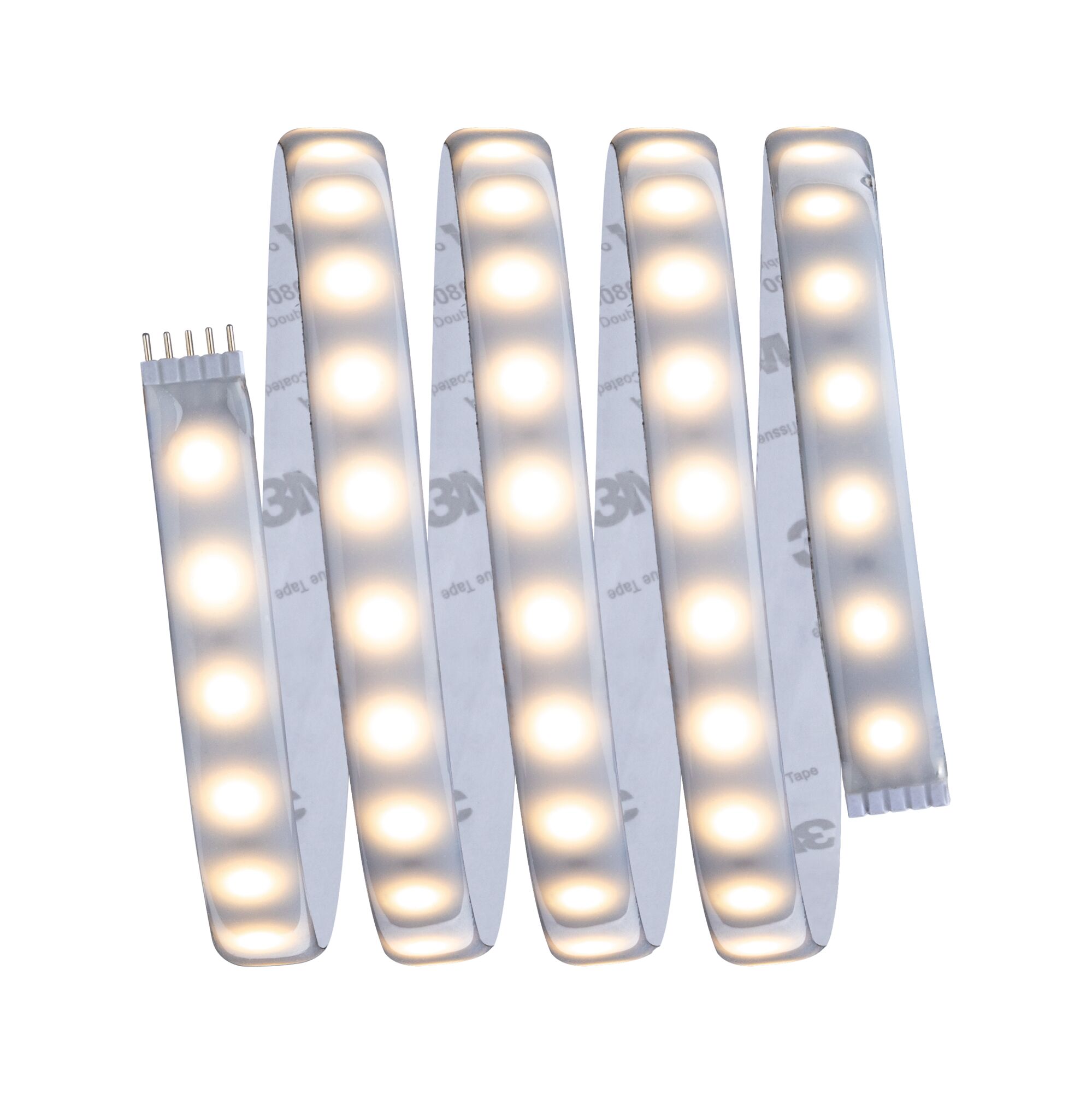 Flexible LED strip light with warm white glow and 5-pin connector for versatile lighting solutions.