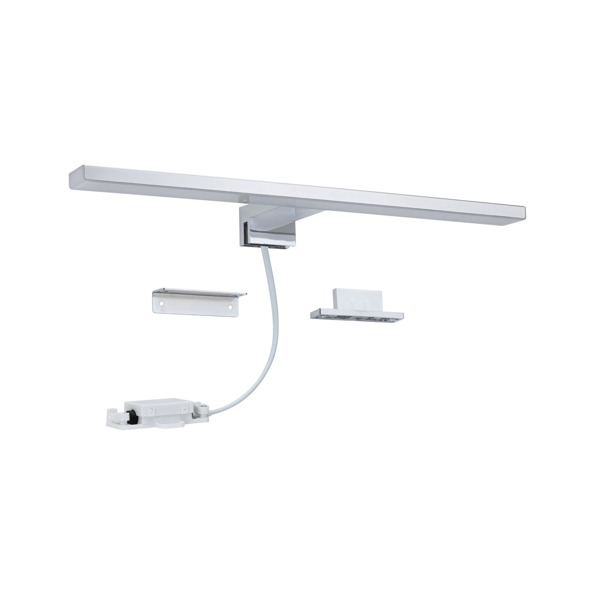 Moderne LED-Spiegelleuchte in Chrom mit Anschlusskabel und Halterungen für Badbeleuchtung