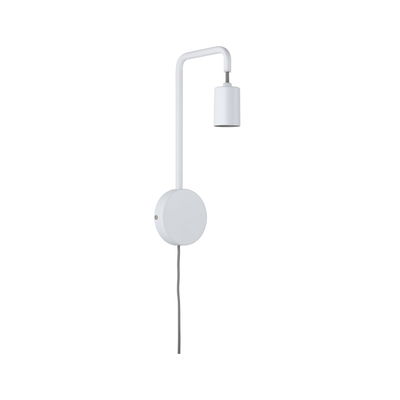 Minimalistische weiße Wandlampe aus Metall mit flexiblem Arm und grauem Kabel für modernes Lichtdesign