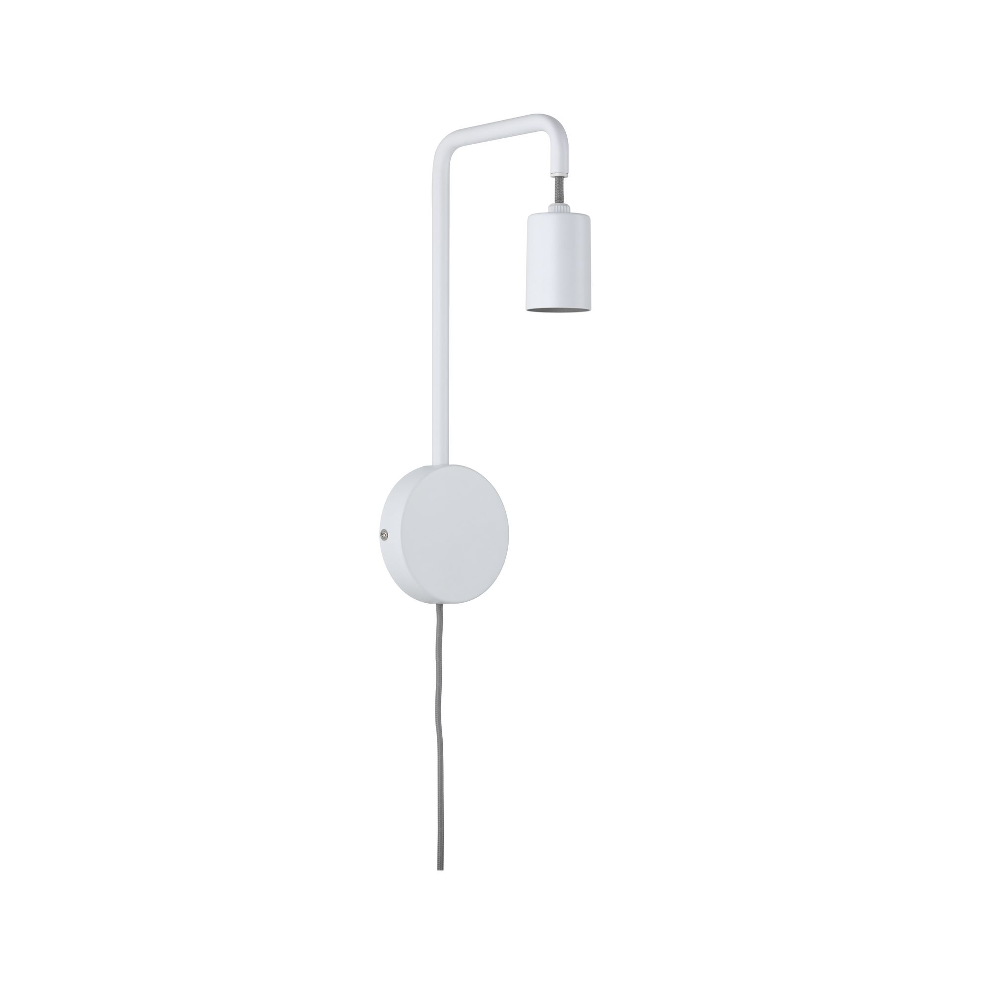 Minimalist white metal wall lamp with flexible arm and grey cable for modern lighting design