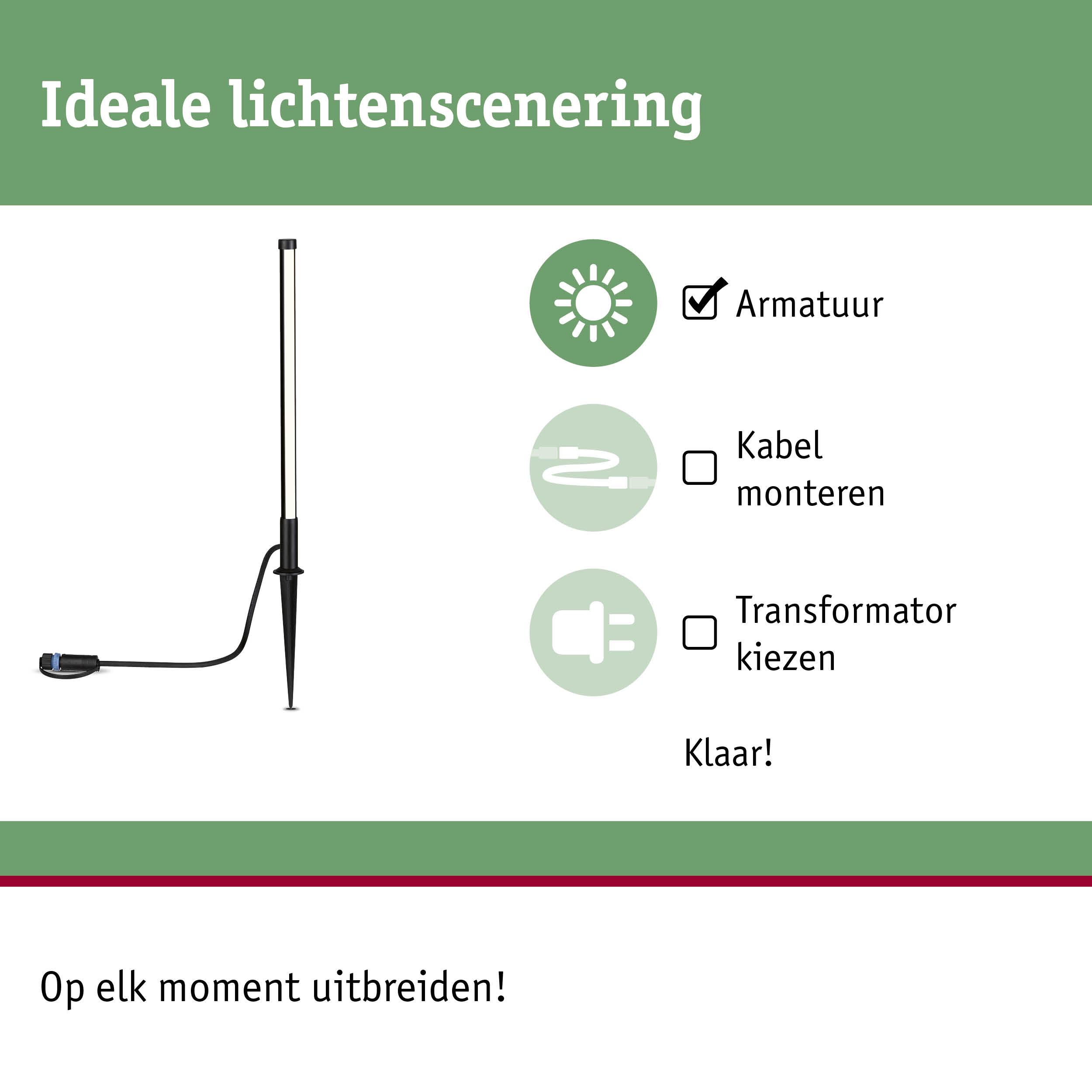 Zwarte LED-buitenlamp met grondpin, eenvoudig te installeren zonder kabelmontage of transformator.