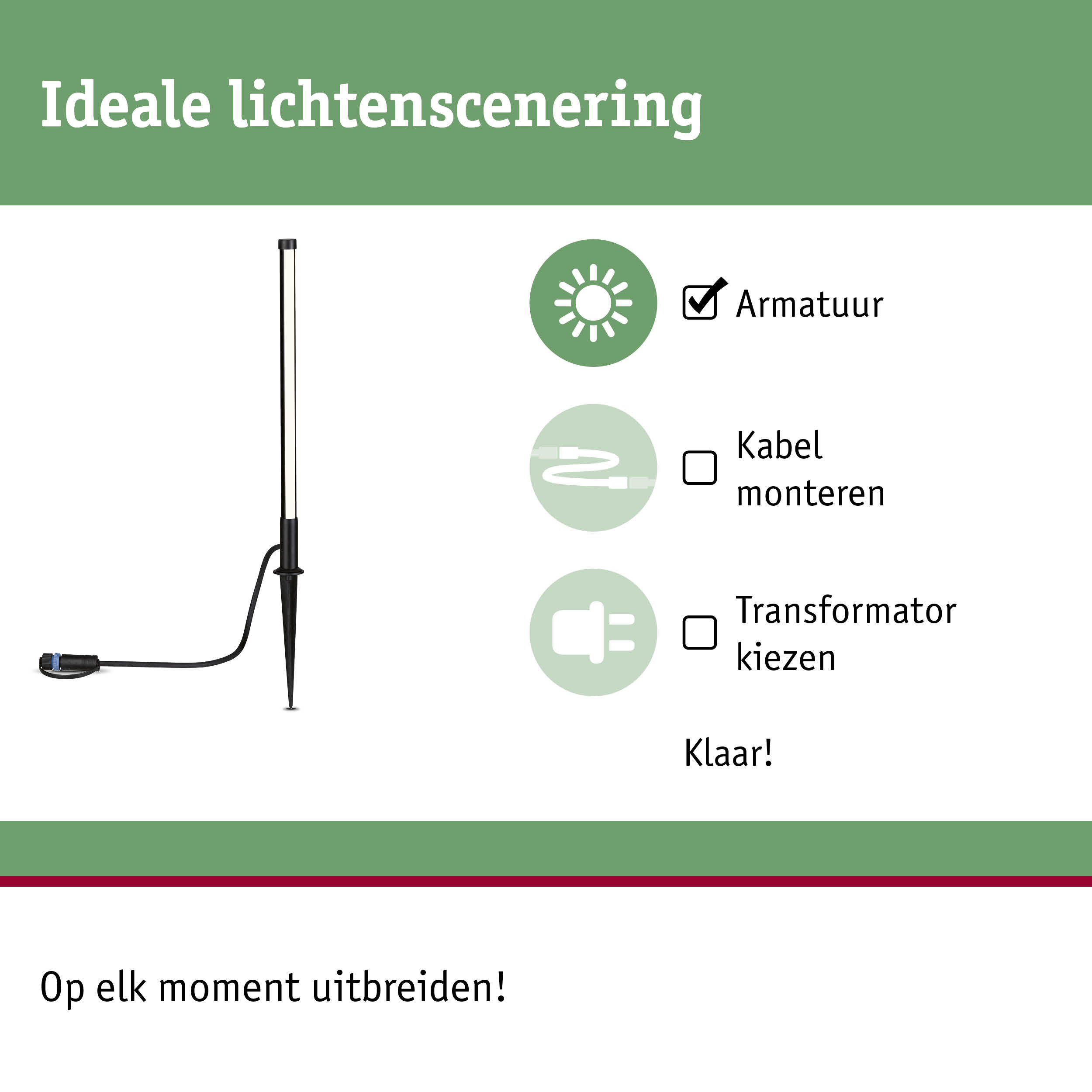 Zwarte LED-tuinfakkel met grondpin en kabel voor flexibele buitenverlichting.