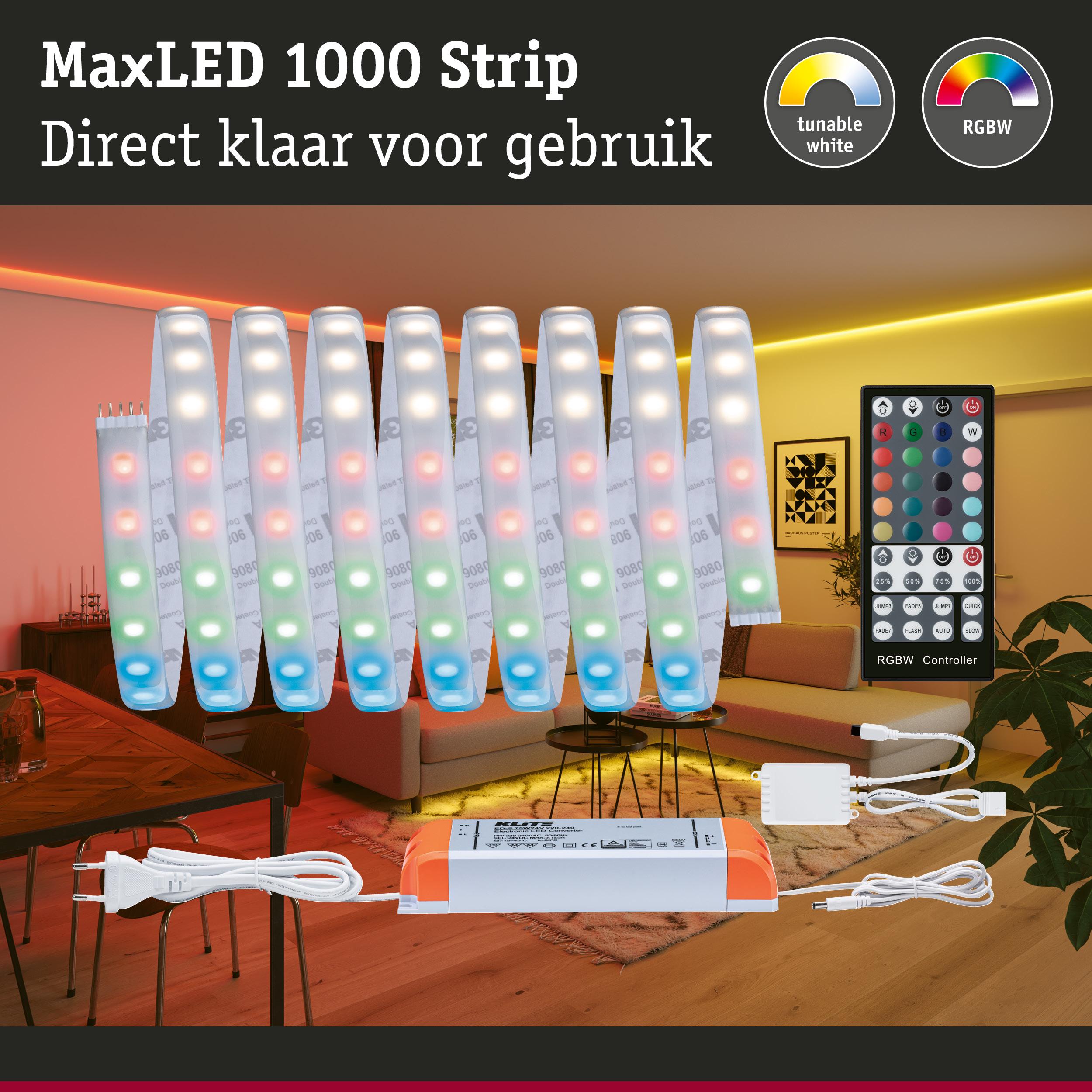 MaxLED 1000 RGBW LED-strip met afstandsbediening en voeding voor sfeervolle kamerverlichting