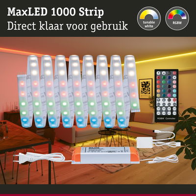 MaxLED 1000 RGBW LED-strip met afstandsbediening en voeding voor sfeervolle kamerverlichting