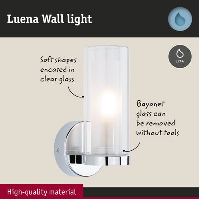 Luena wall light with clear glass and chrome mount, IP44 waterproof, modern lighting fixture