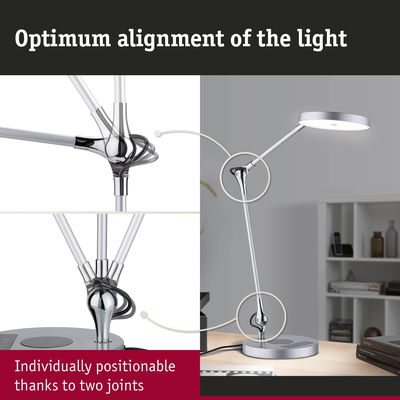 Modern silver LED desk lamp with two joints for flexible light positioning in office settings.