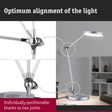 Modern silver LED desk lamp with two joints for flexible light positioning in office settings.