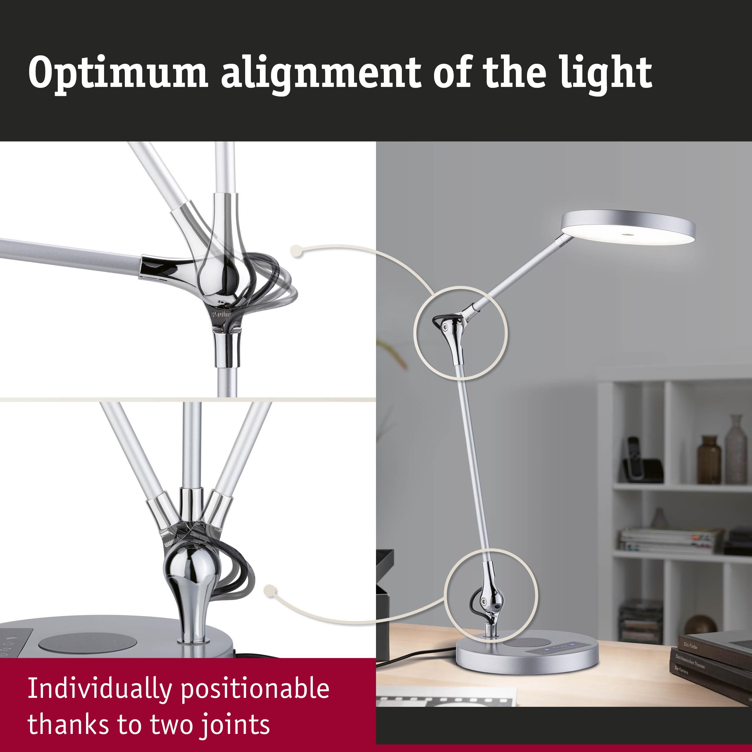 Modern silver LED desk lamp with two joints for flexible light positioning in office settings.