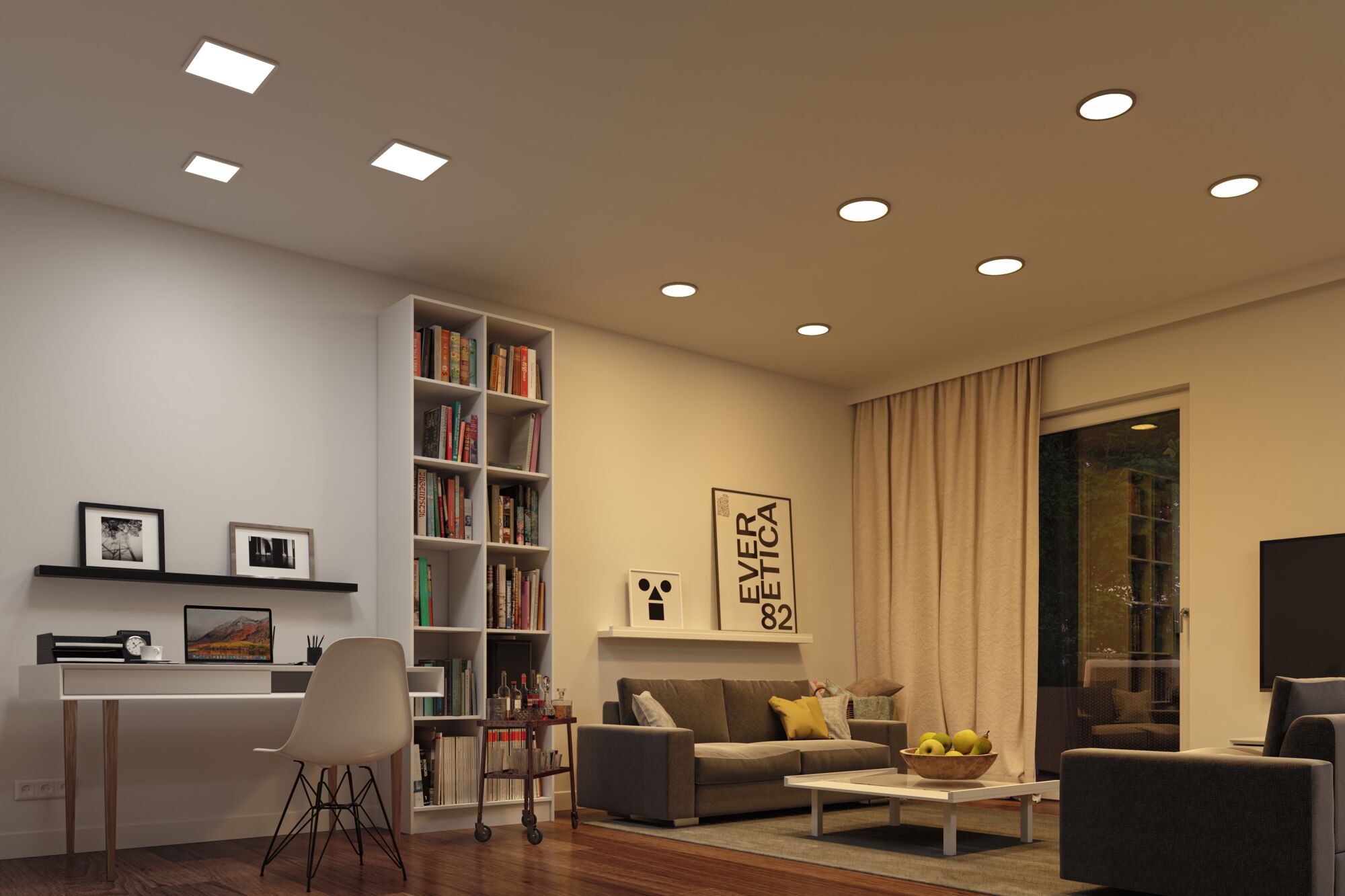 Modern living room with warm white LED recessed lights in ceiling and cozy furniture setup.