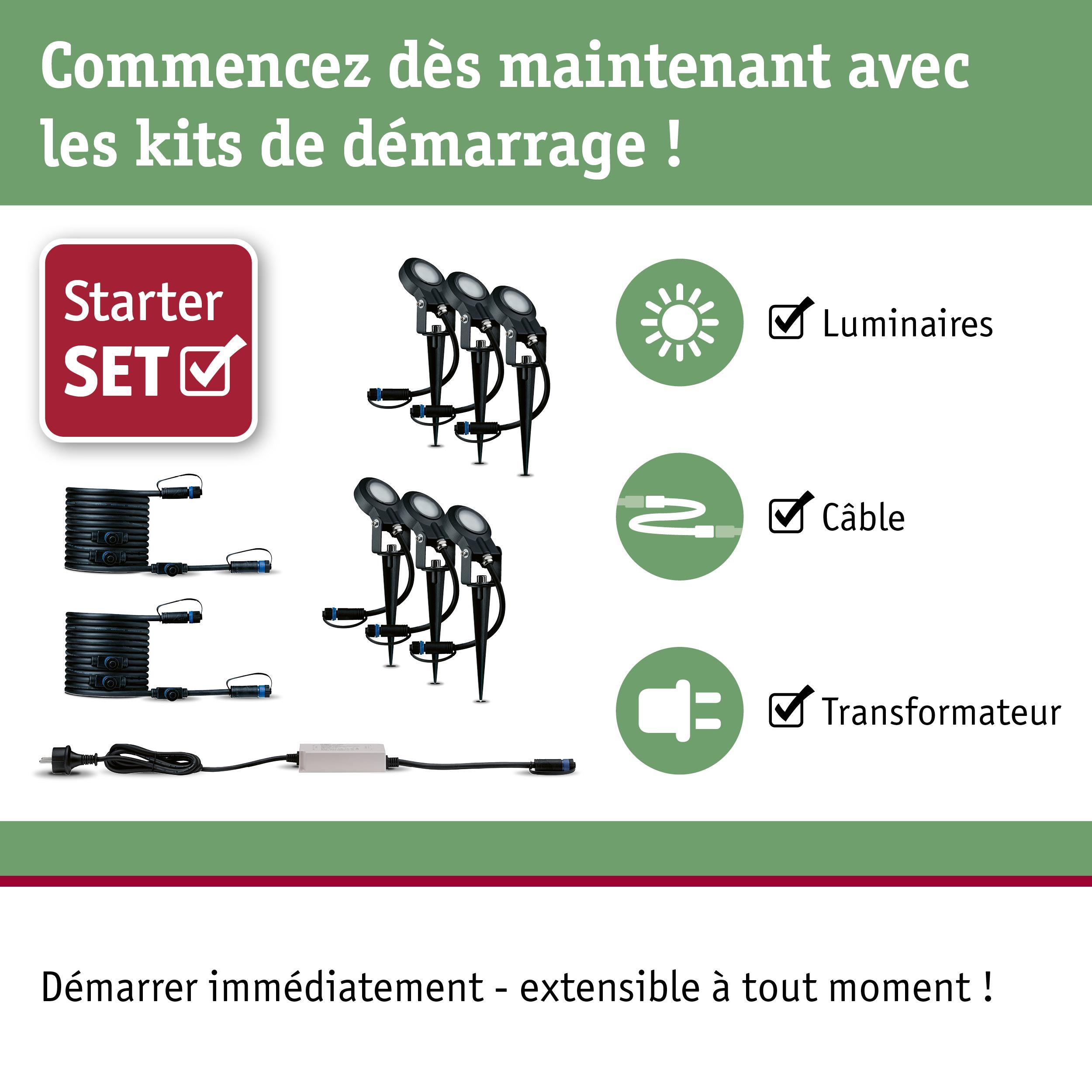 Kit de démarrage avec spots LED extérieurs noirs, câbles et transformateur pour éclairage de jardin