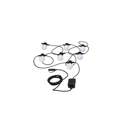 Black string lights with eight white globe bulbs and long cable for outdoor lighting.