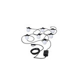 Black string lights with eight white globe bulbs and long cable for outdoor lighting.