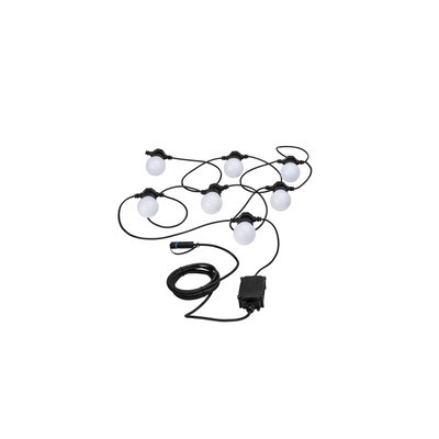 Black string lights with eight white globe bulbs and long cable for outdoor lighting.