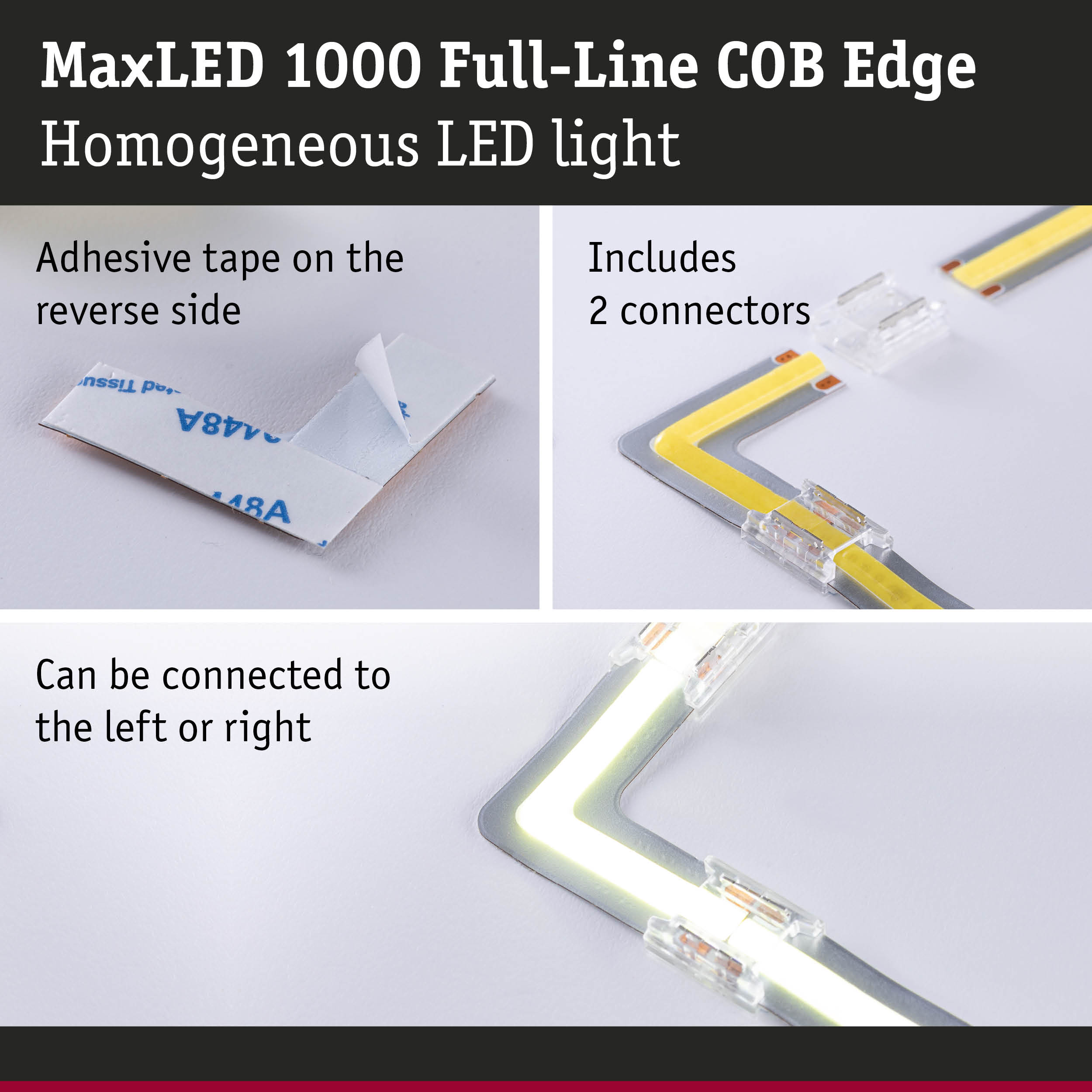 MaxLED 1000 COB LED strip with adhesive tape and two clear connectors for flexible lighting solutions