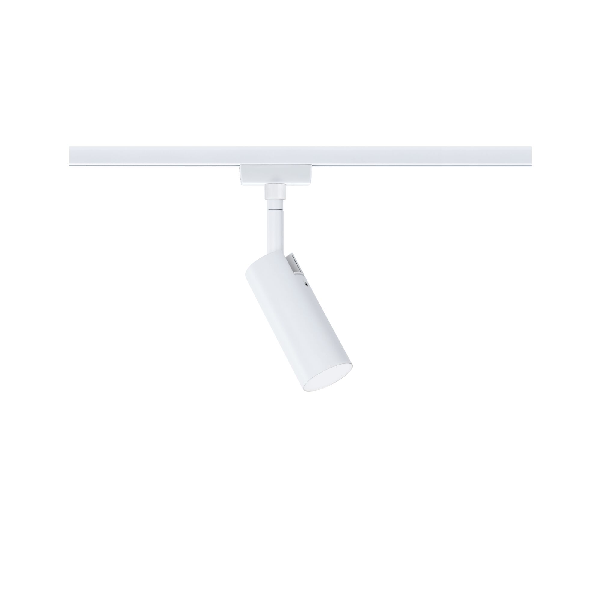 Moderner weißer LED-Spot aus Metall an Schienensystem für flexible Beleuchtung im Innenraum