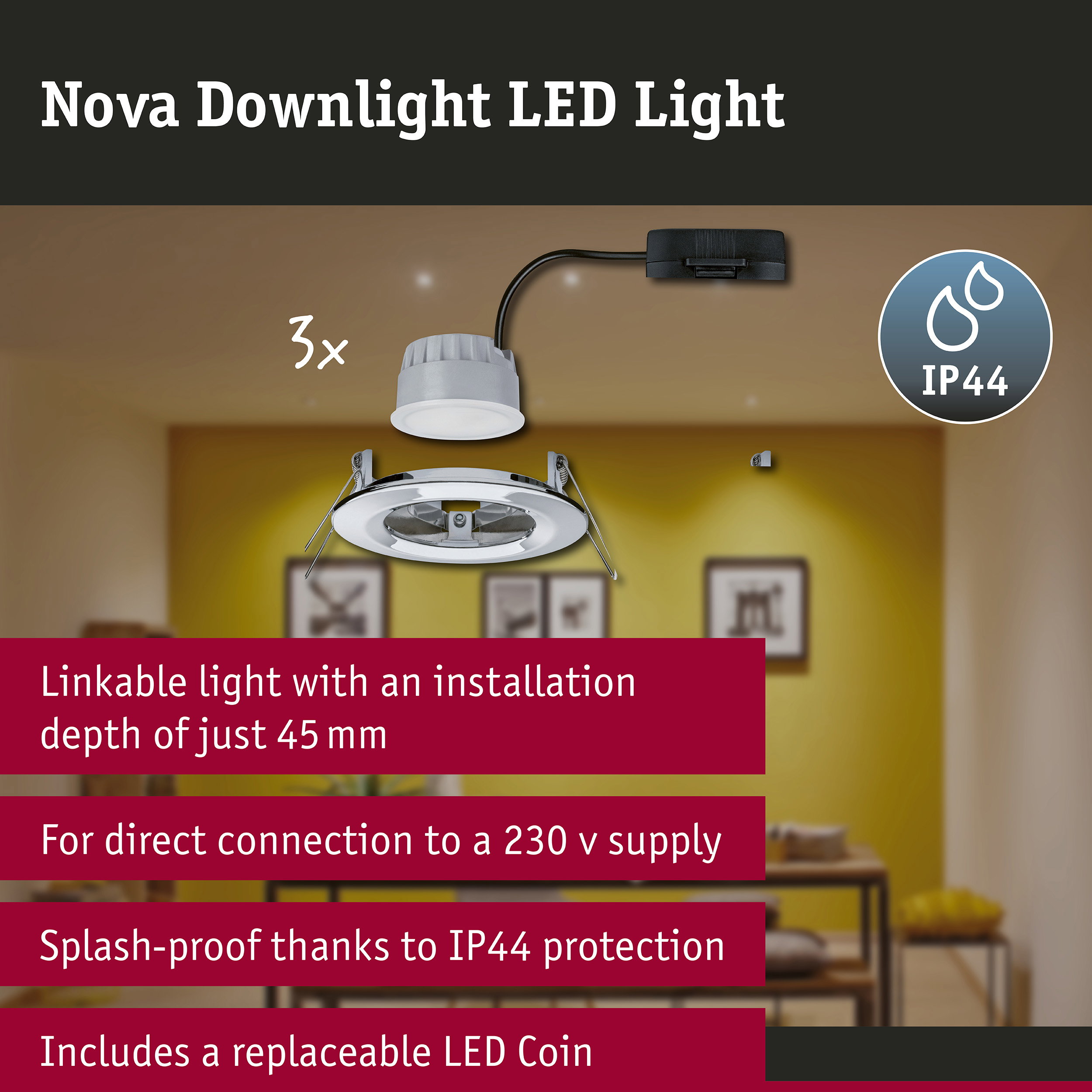 LED Downlight 3-Step-Dim Nova Coin Basic Set Rigid IP44 round 78mm Coin 3x6W 3x470lm 230V dimmable 2700K Chrome