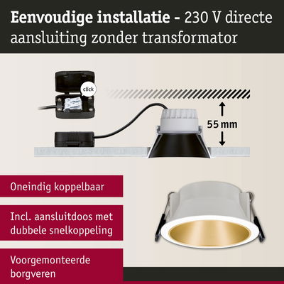 Witte LED inbouwspot met gouden binnenkant en 55 mm inbouwdiepte voor eenvoudige 230 V installatie