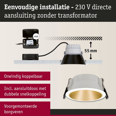 Witte LED inbouwspot met gouden binnenkant en 55 mm inbouwdiepte voor eenvoudige 230 V installatie