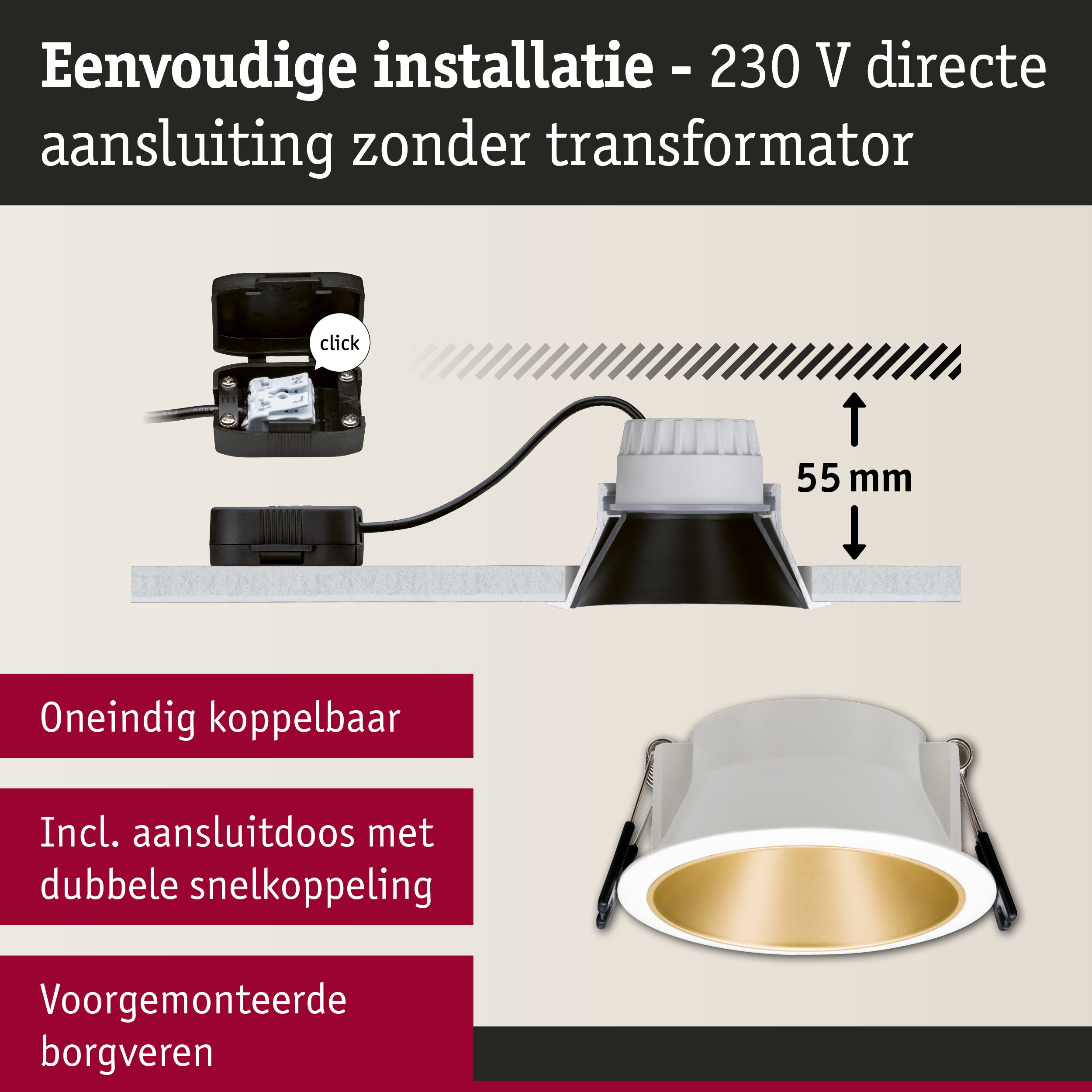 Witte inbouwspot met gouden binnenkant en 55 mm inbouwdiepte voor 230 V installatie