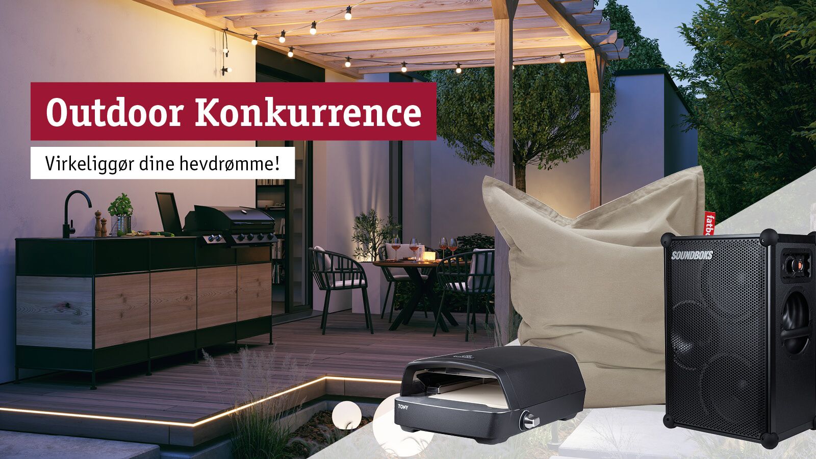 Moderne udendørs terrasse med trædæk, LED-lys, højttaler, sækkestol og grillkøkken