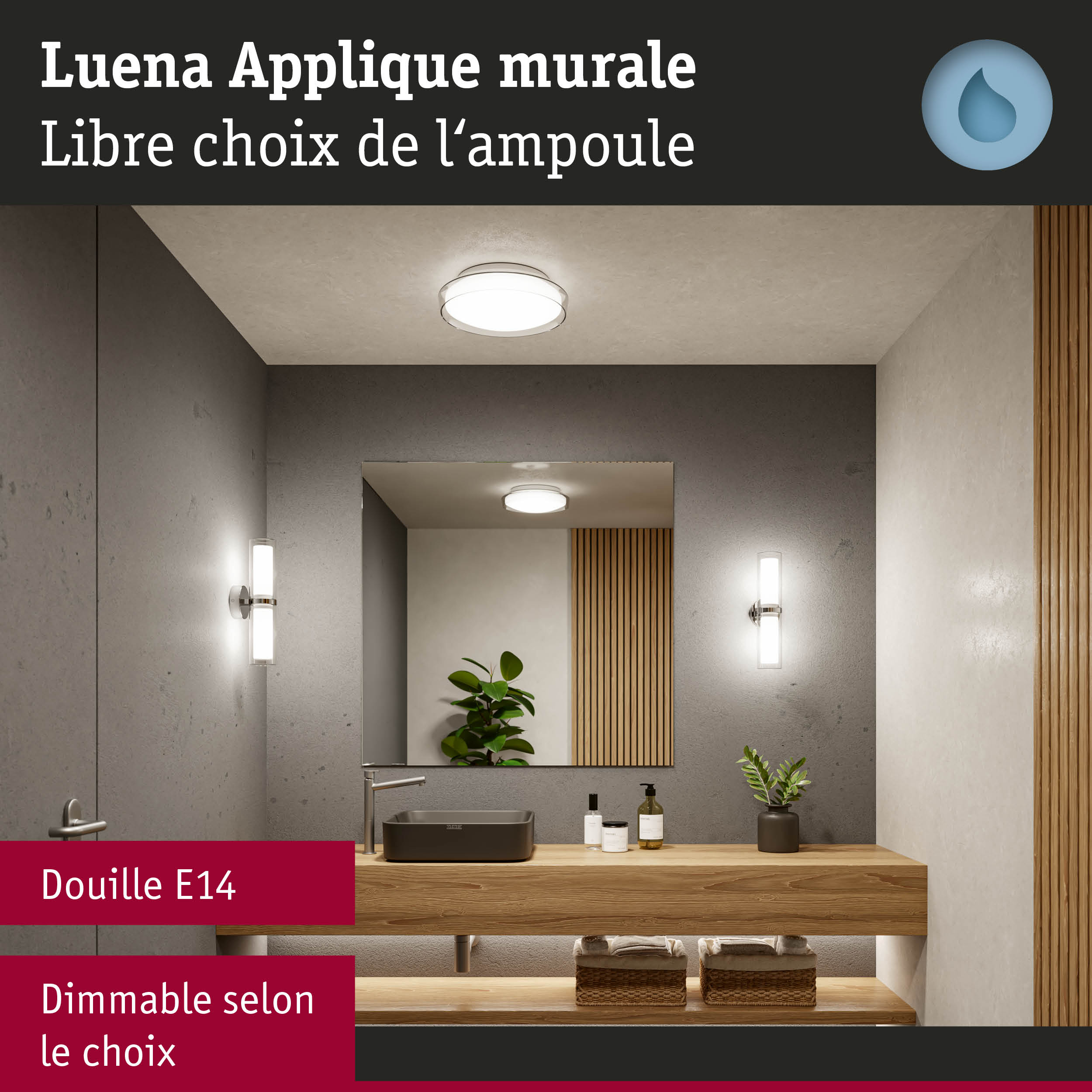 Salle de bain moderne avec applique murale Luena blanche, dimmable avec douille E14 pour éclairage réglable