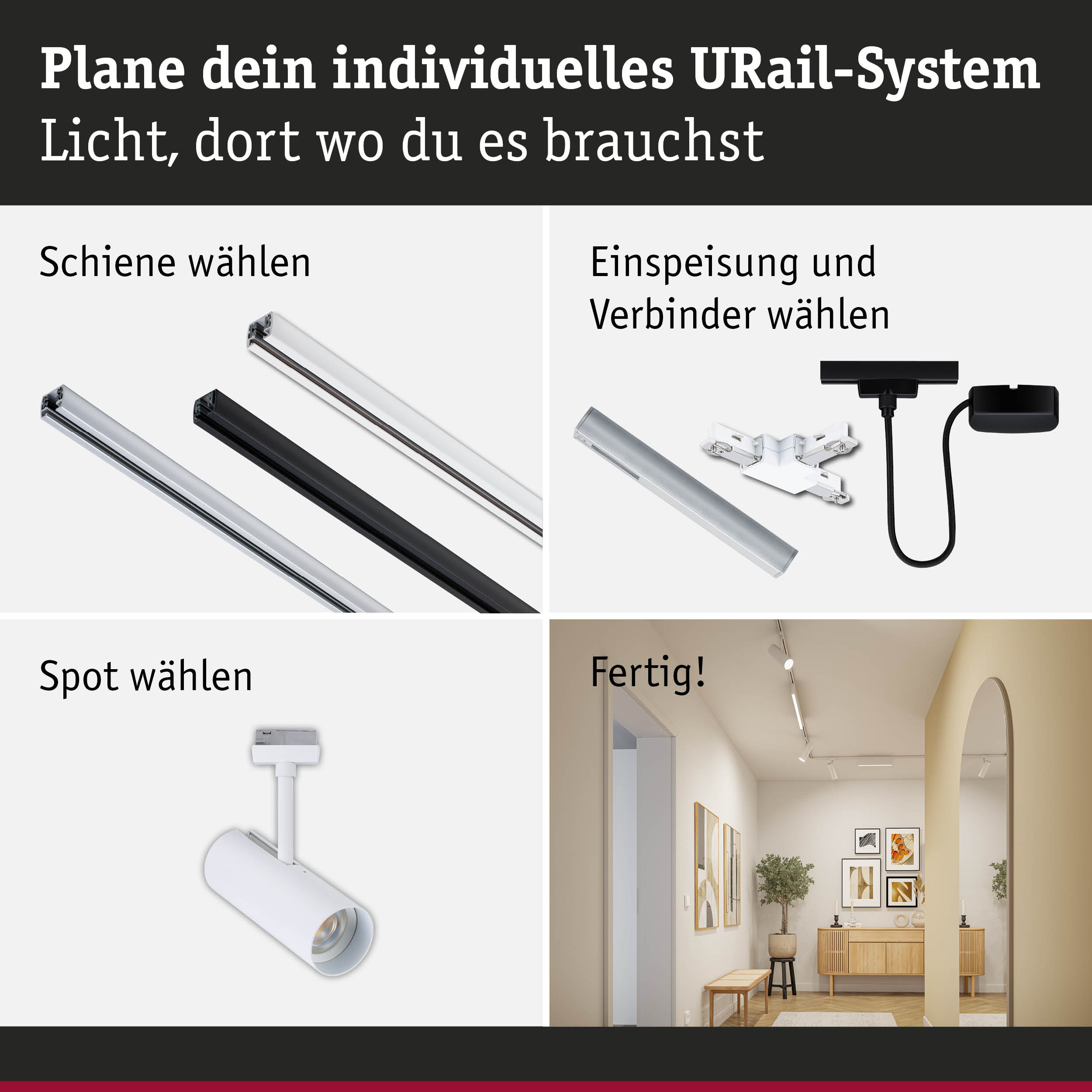 Modulares URail-Schienensystem in Schwarz und Weiß mit Spots für individuelle LED-Beleuchtung.