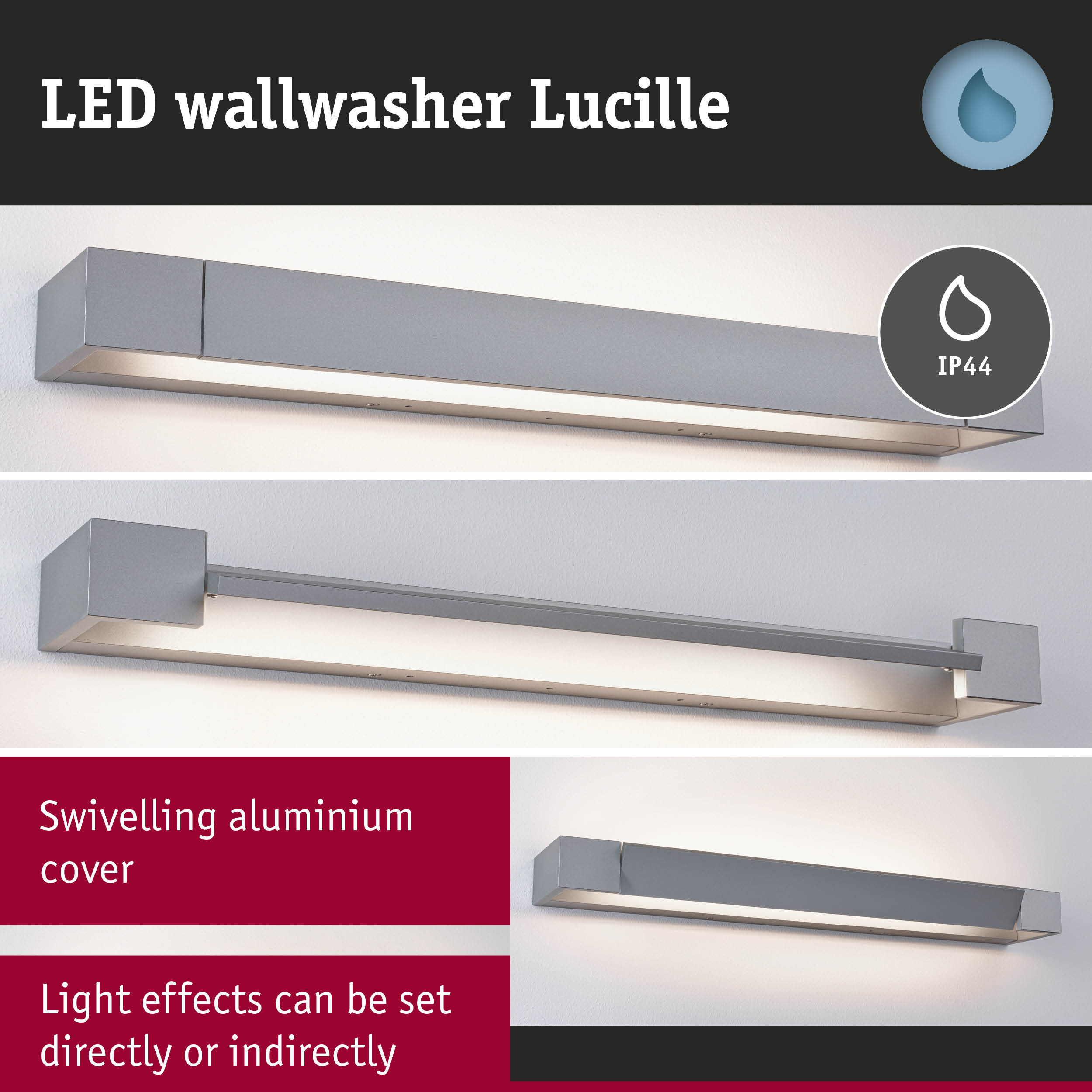 Grey aluminium LED wallwasher Lucille with IP44 rating for adjustable direct or indirect lighting