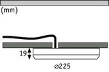 Technische Zeichnung eines flachen LED-Einbaustrahler mit 225 mm Durchmesser und 19 mm Einbautiefe