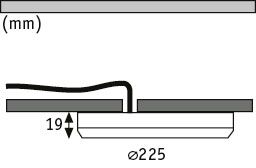 Technical drawing of a flat LED recessed spotlight with 225 mm diameter and 19 mm installation depth