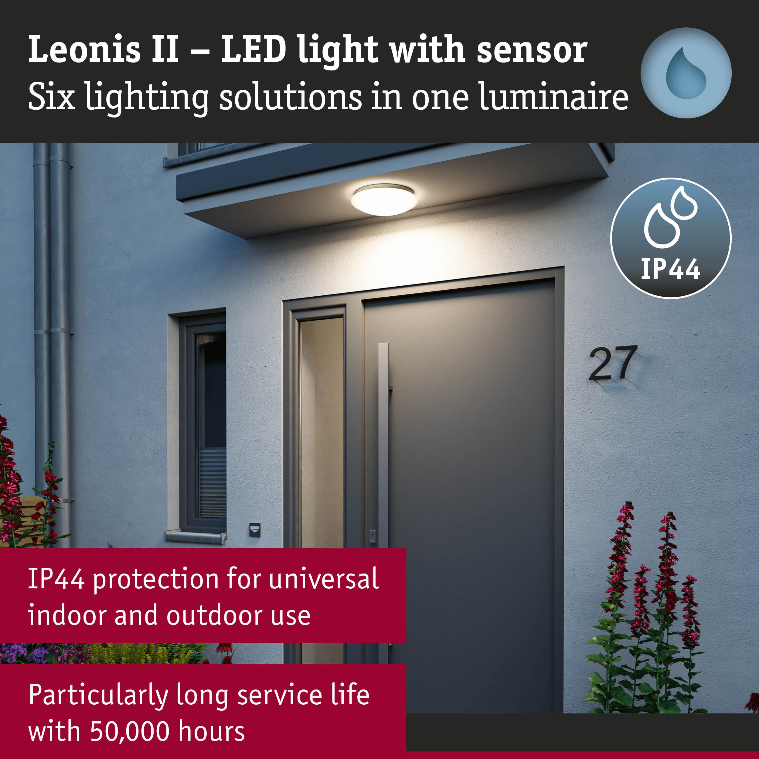 Leonis II white LED light with sensor, IP44 protection for indoor and outdoor entrance lighting