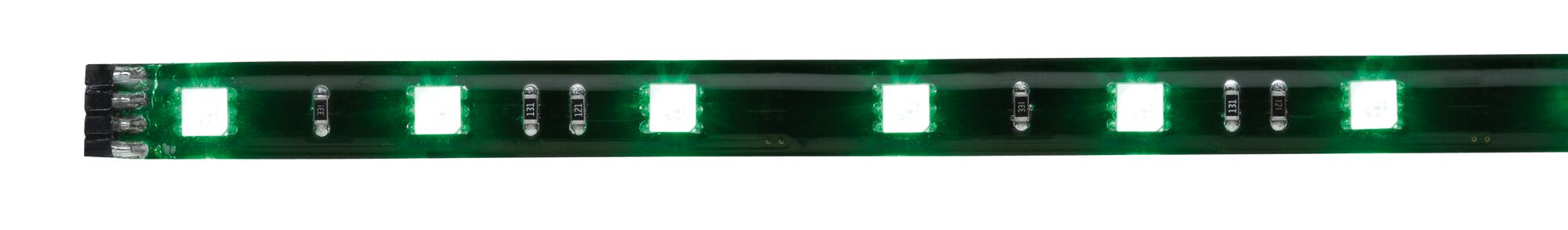 Bande LED verte avec plusieurs carrés lumineux sur circuit noir pour éclairage décoratif