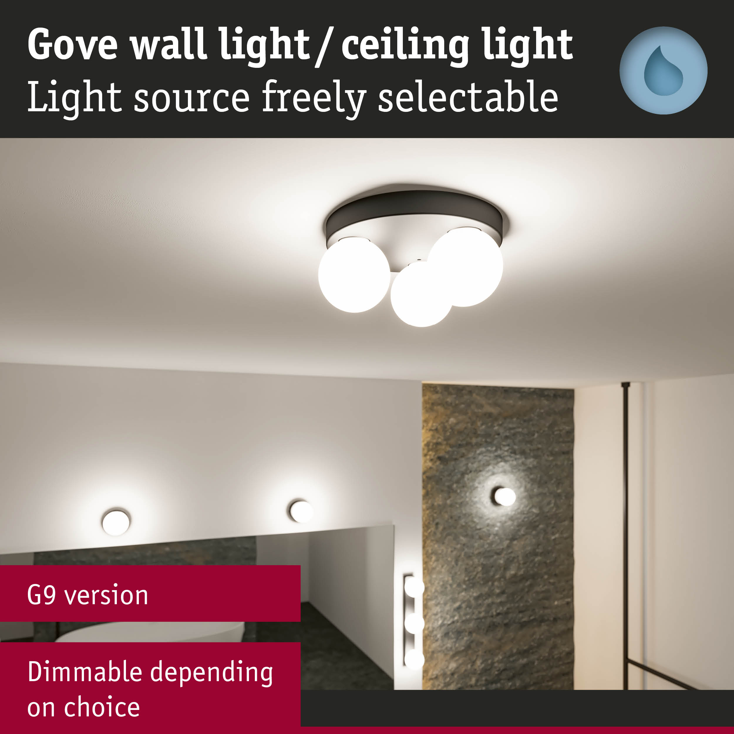Gove ceiling light with black metal frame and three white glass globes, dimmable bathroom lighting