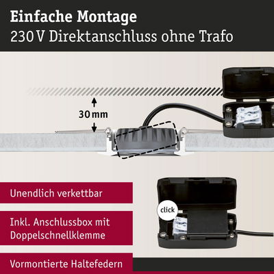 Montageanleitung für 230V Direktanschluss mit Anschlussbox und Doppelschnellklemme, 30 mm Einbautiefe
