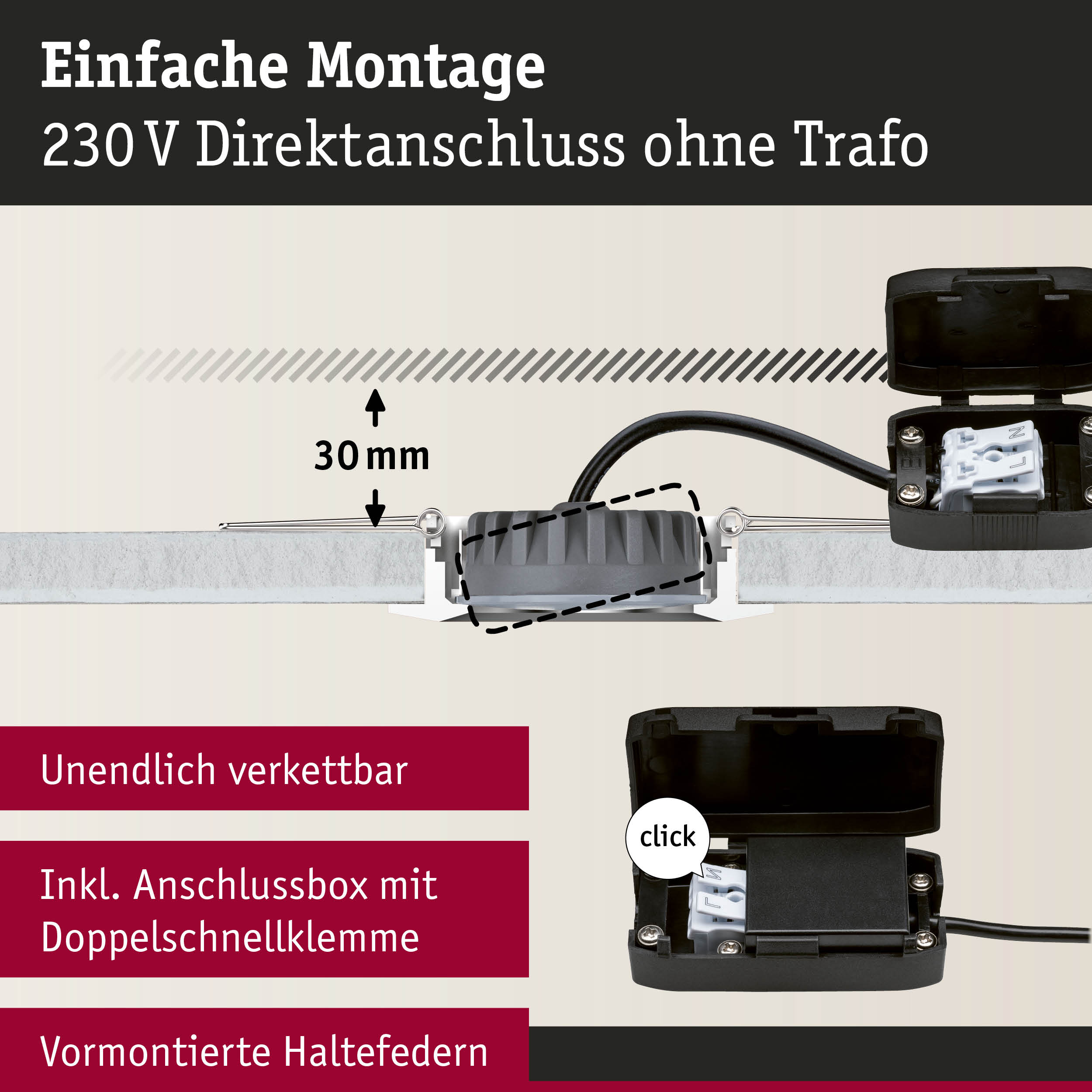 Schwarze Anschlussbox mit Doppelschnellklemme und vormontierten Haltefedern für 230 V Direktanschluss ohne Trafo