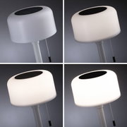 White solar lamp with plastic shade and pull switch, showing different brightness levels