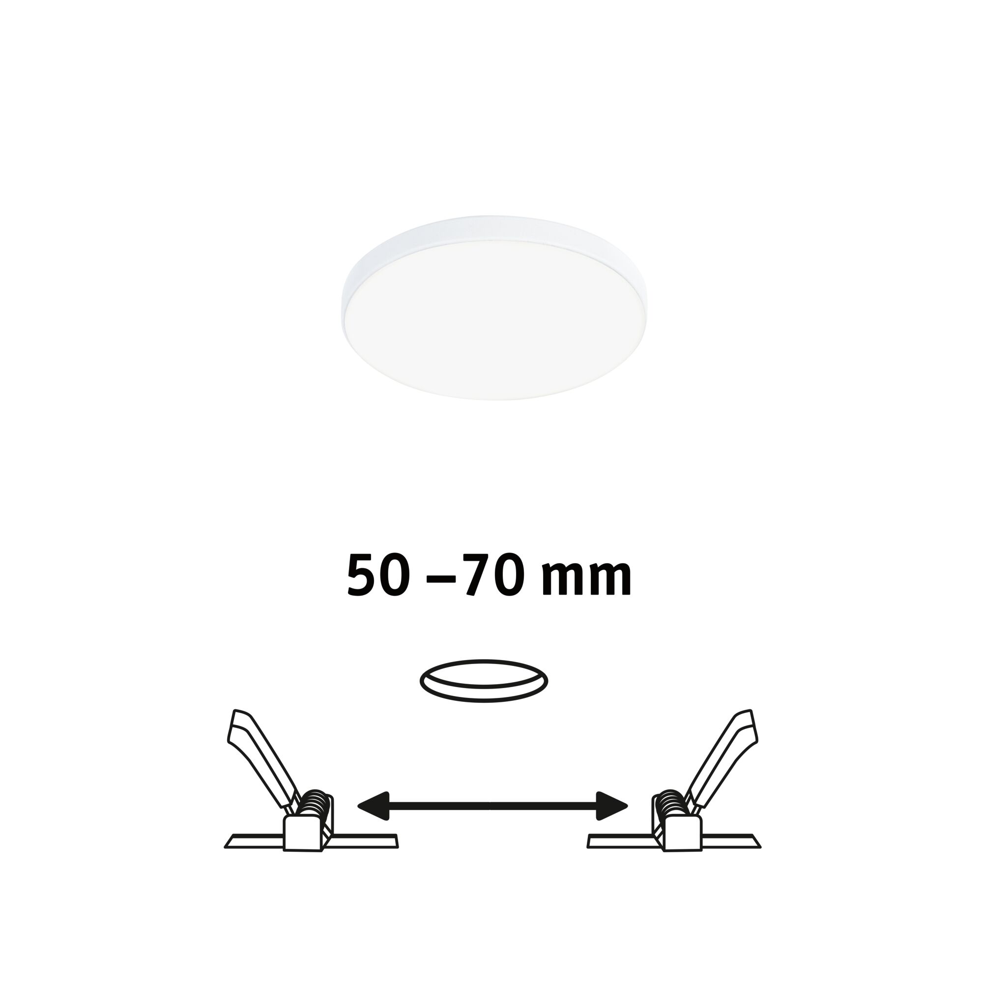 Round white LED panel light with 50-70 mm installation size, energy-saving ceiling lamp for living spaces