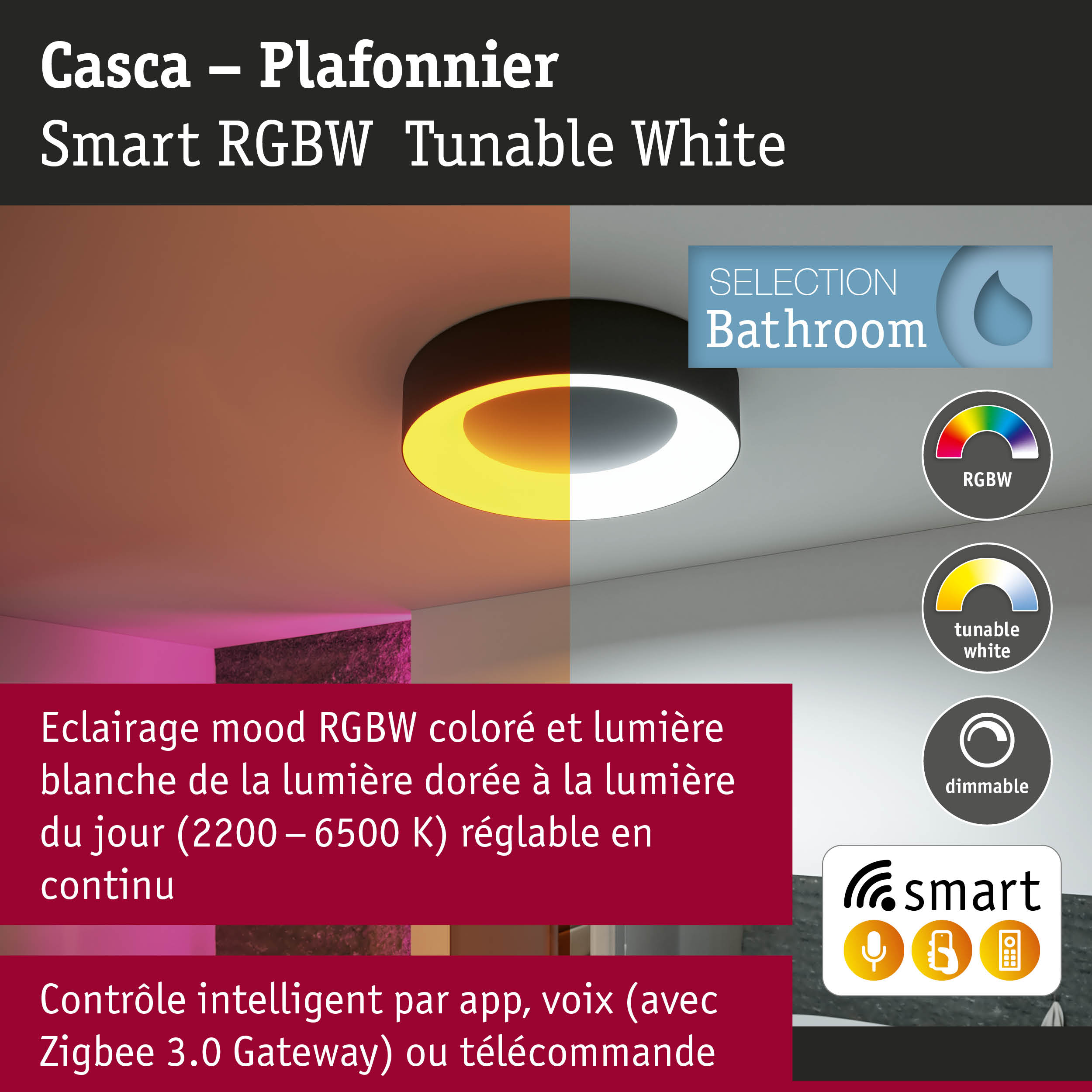 Plafonnier Casca noir avec éclairage RGBW réglable pour salle de bain