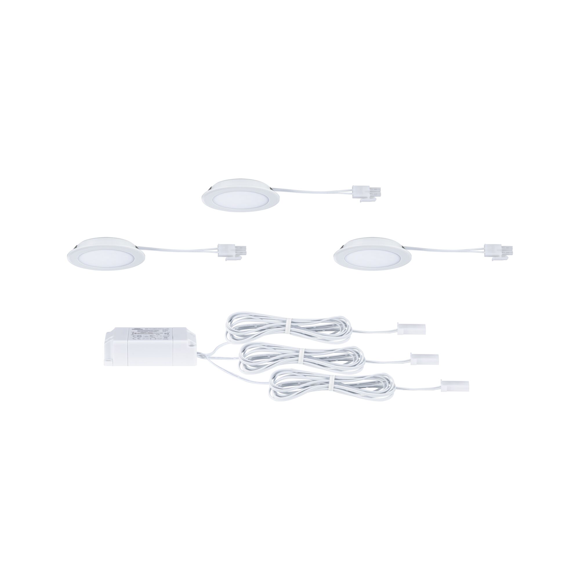 Three white LED recessed lights with cables and driver for energy-efficient room lighting