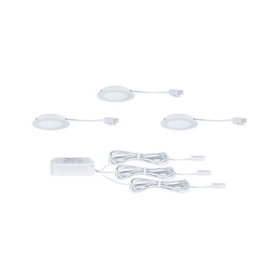 Three white LED recessed lights with cables and driver for energy-efficient room lighting