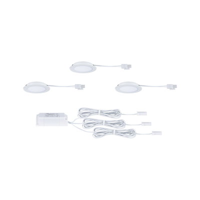 Tre hvide LED-indbygningslamper med kabler og driver til energieffektiv rumbelysning