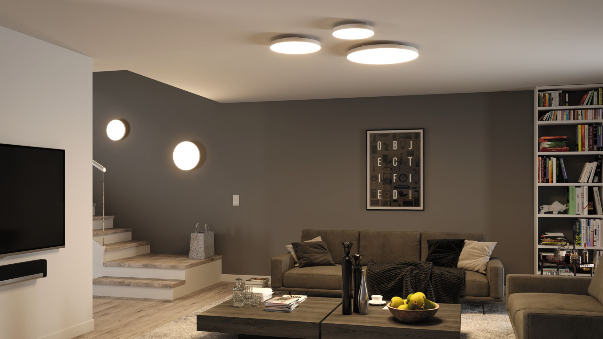 Modern living room with round white ceiling and wall lights, grey walls and wooden floor lighting