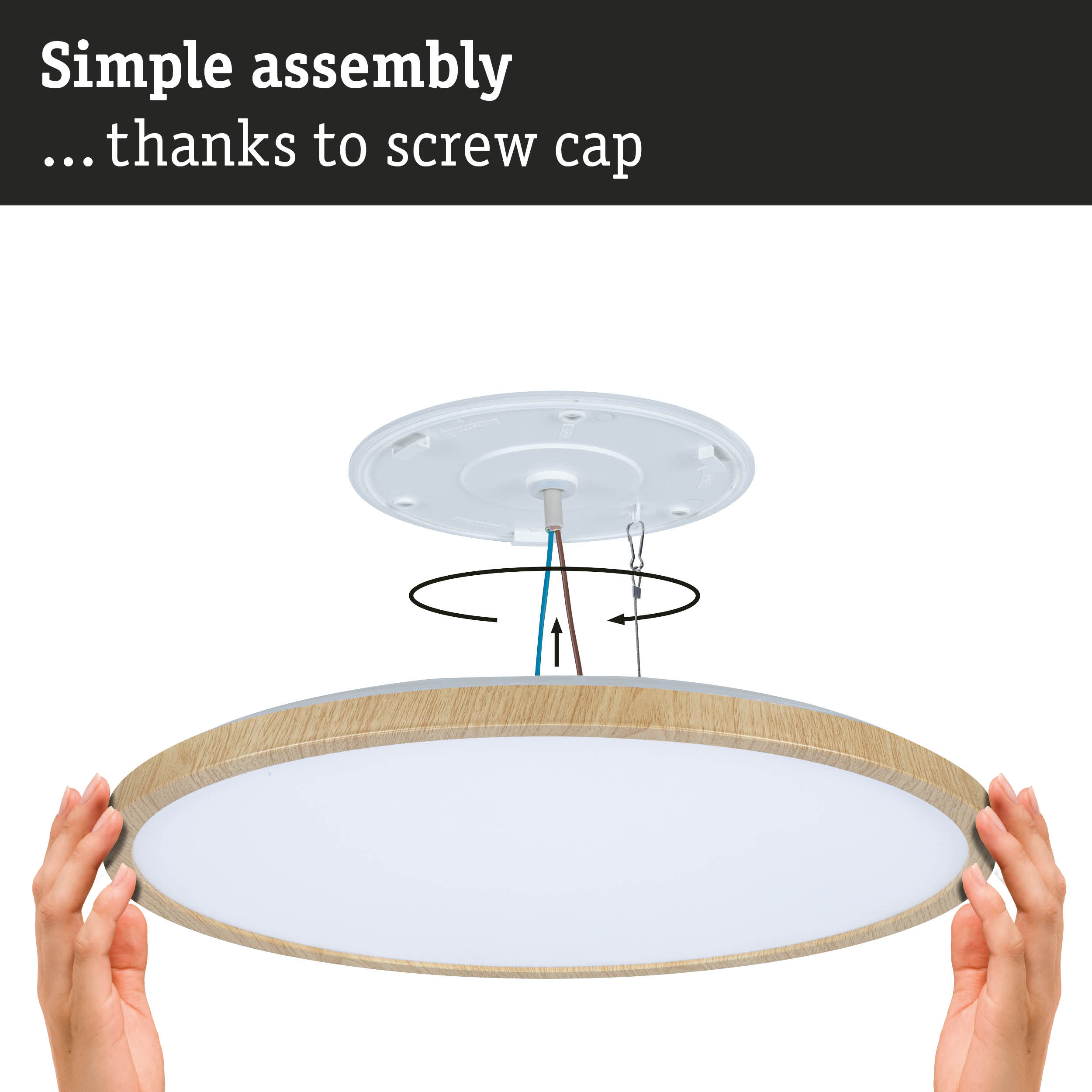 Ceiling light with wooden frame and white diffuser, easy assembly with screw cap